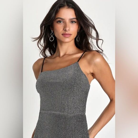 Lulus Take Me Anywhere Silver Sparkly Asymmetrical Bodycon Mini Dress size S - Picture 2 of 12